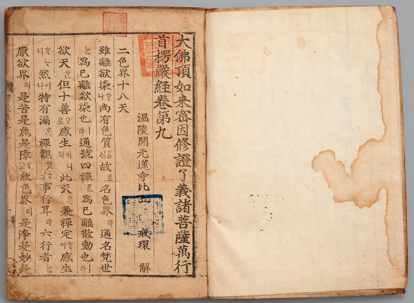 1461년 을해자와 한글 활자로 찍은 능엄경언해 권9의 첫머리